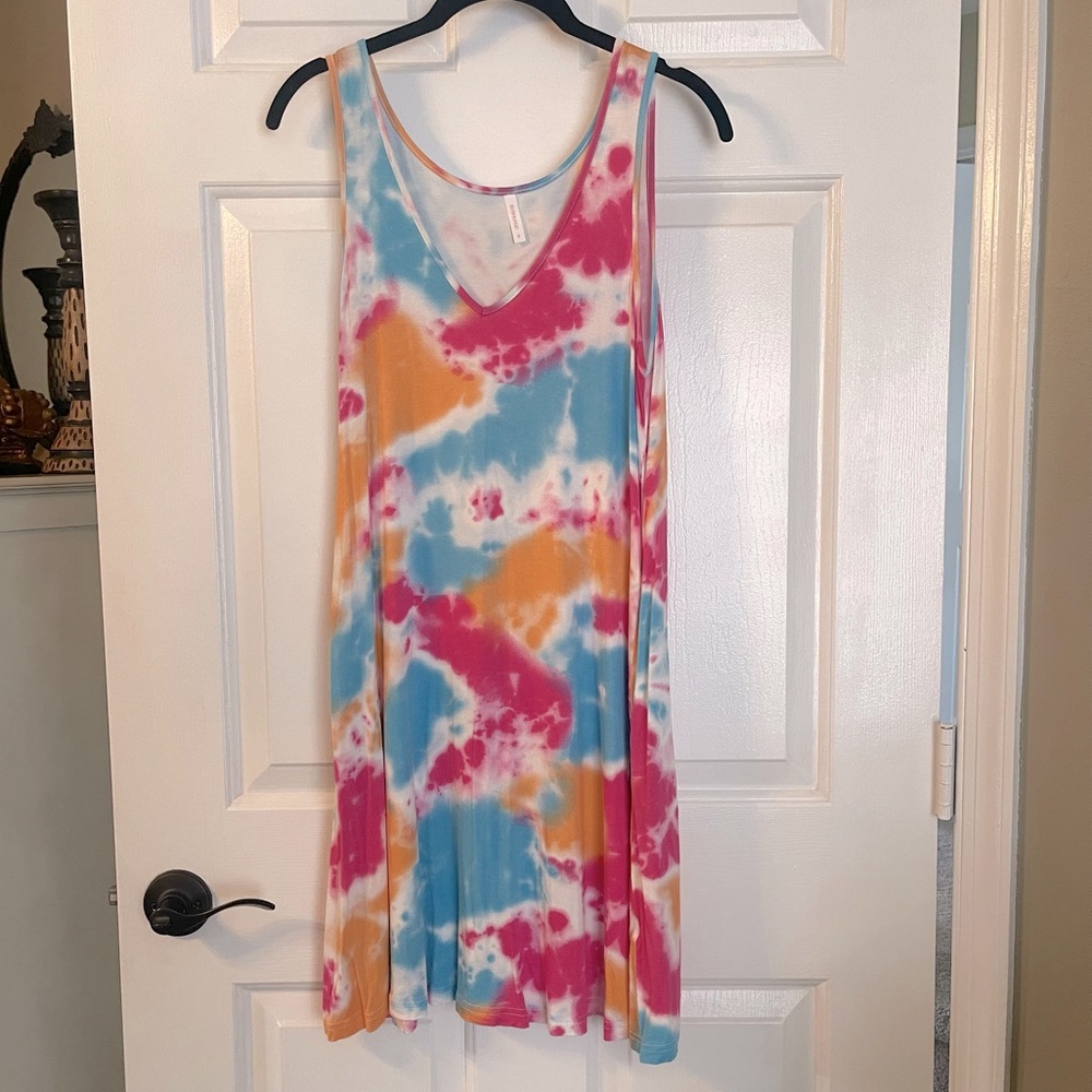 Casual Swing V-neck T-Shirt Tank Dress Colorful Tie-Dye Orange Pink Blue Sz S - Picture 3 of 9